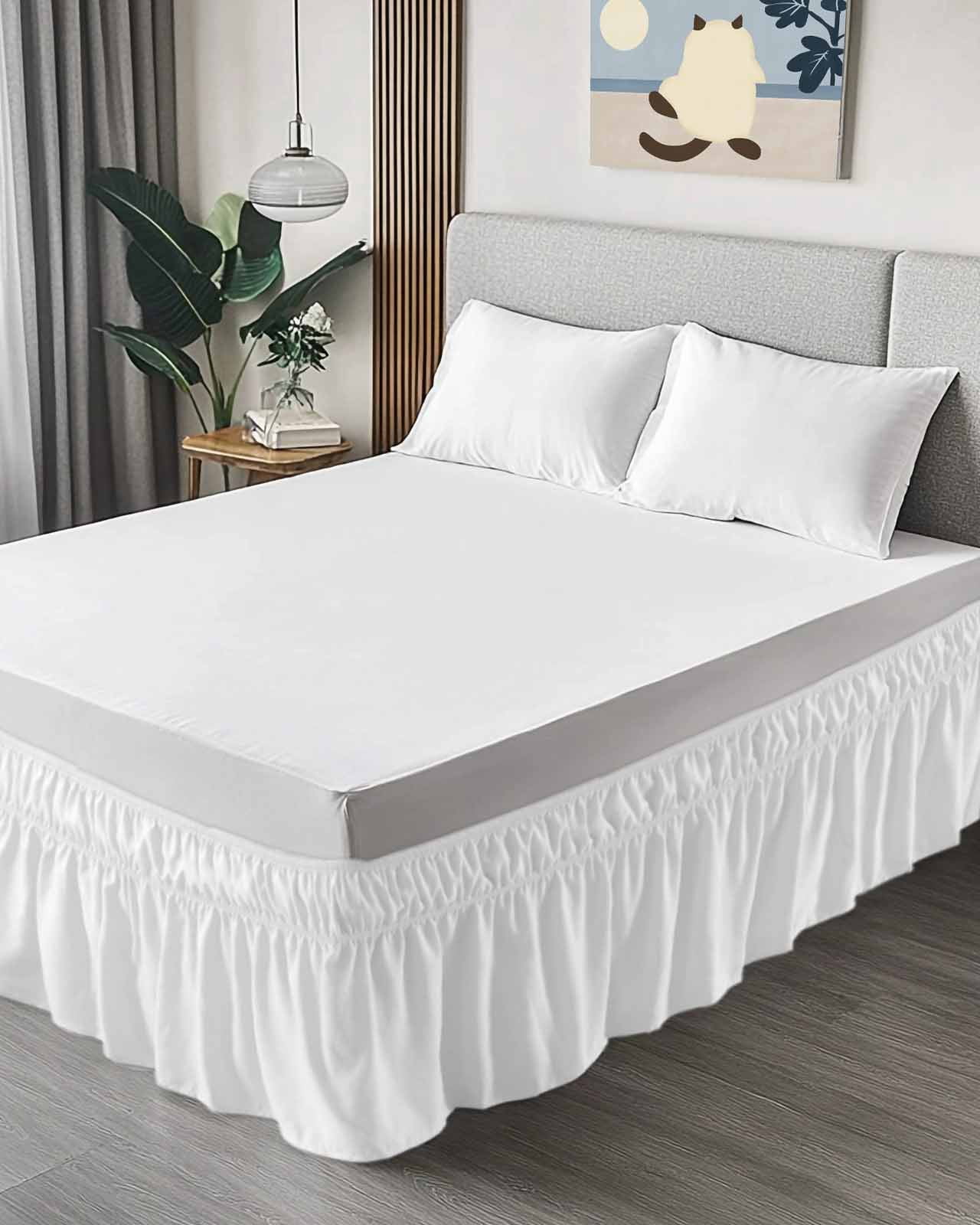Solid Color Bed Skirt White Bed Skirts California King Size 18 Inch Drop, Wrap Around Dust Ruffle&nbsp;Bedskirt with Adjustable Elastic Belt for Queen Size Beds