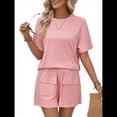 thumbnail image 2 of Conjunto de Dos Piezas de Pantalones Cortos A Juego para Mujer, de Punto, con Bolsillos, Cuello Redondo, Corta y Verano. Rosa L, 2 of 10