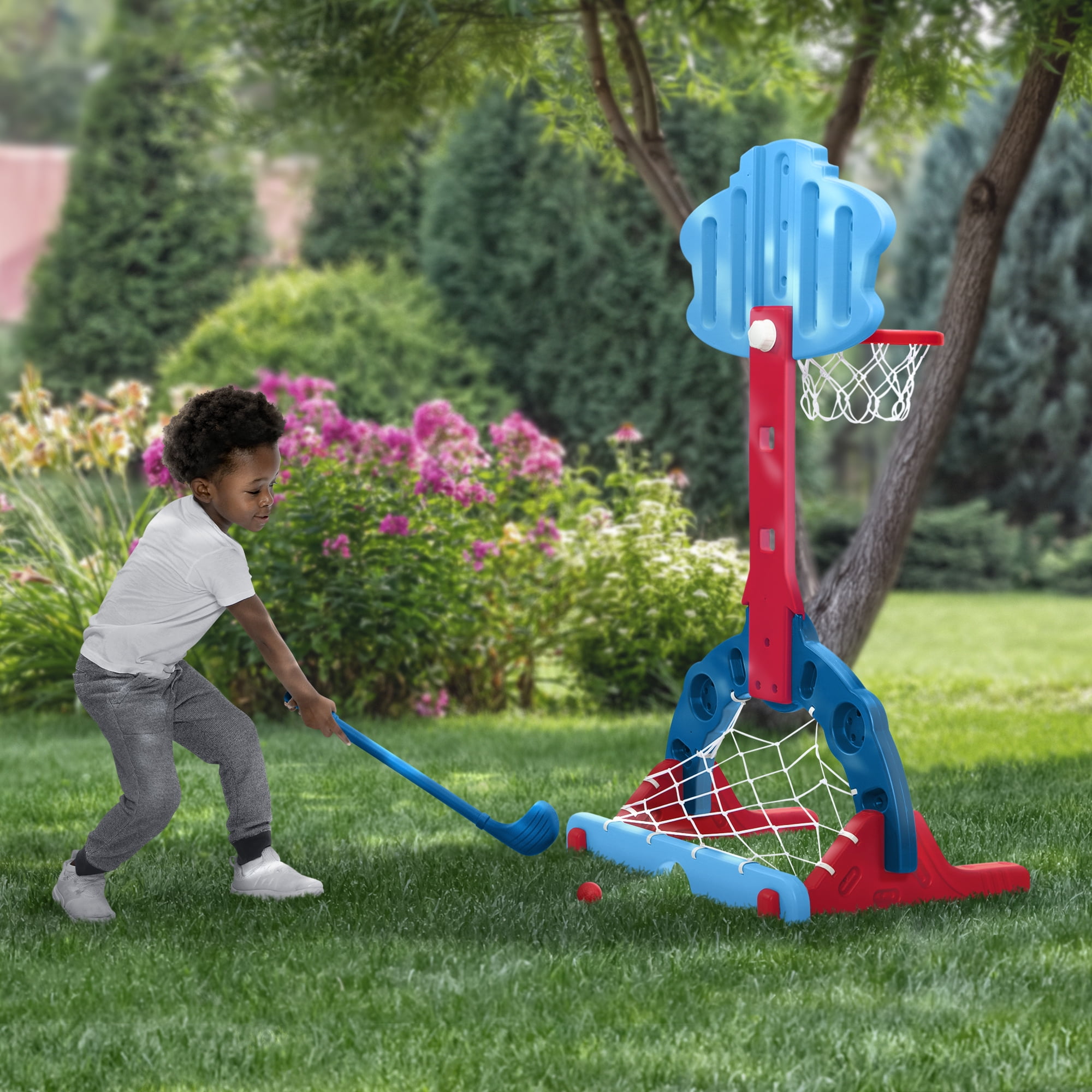 PAW Patrol 4-in-1 Sports Center by Delta Children – Adjustable Basketball Hoop, Soccer/Hockey Net & Golf Game, Blue