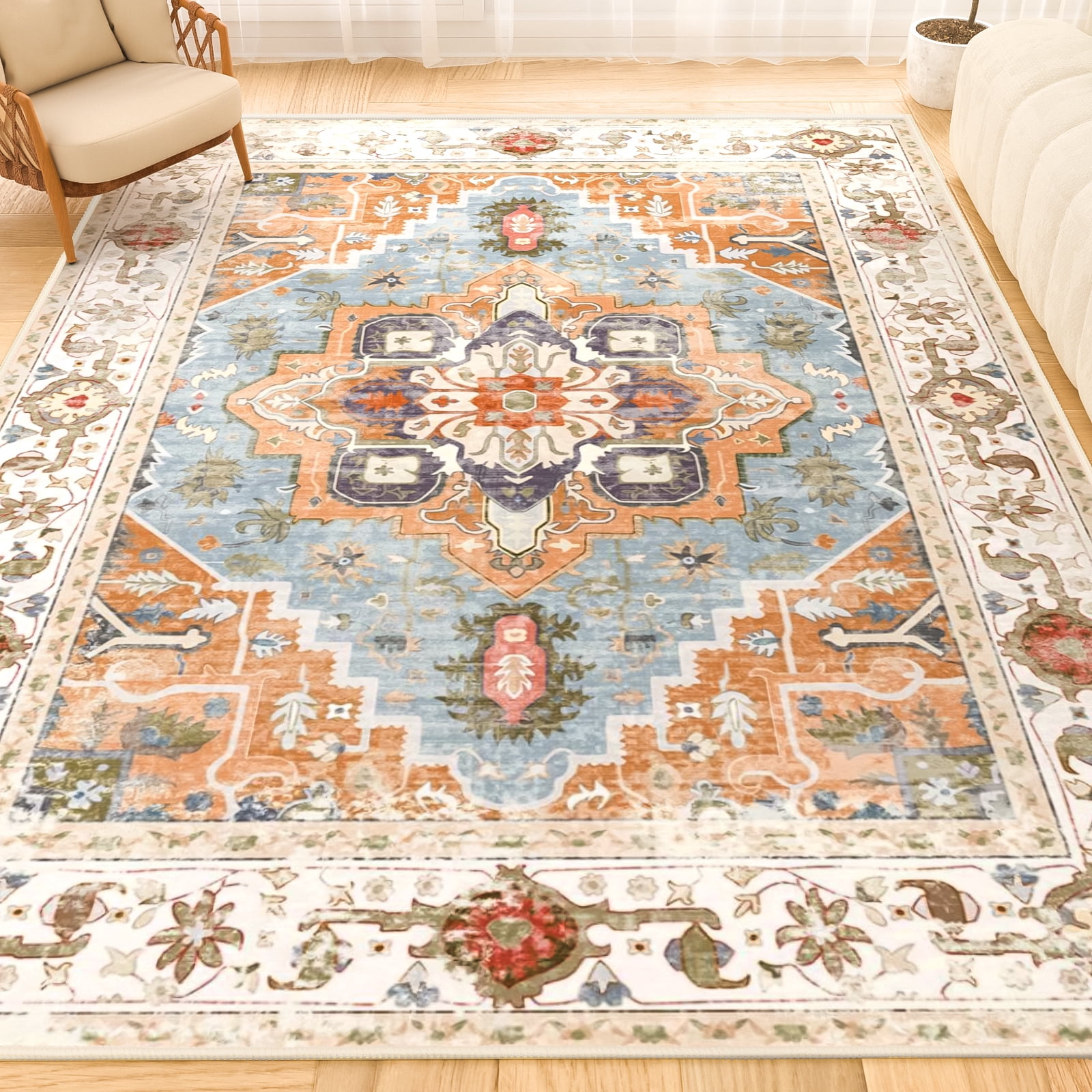 Vintage Living Room Area Rug 8x10 - Large Soft Washable Oriental Traditional Distressed Farmhouse Rugs for Bedroom, Indoor Floor Accent Non-Slip Carpet for Living Room Kitchen Office, Easy-Cleaning
