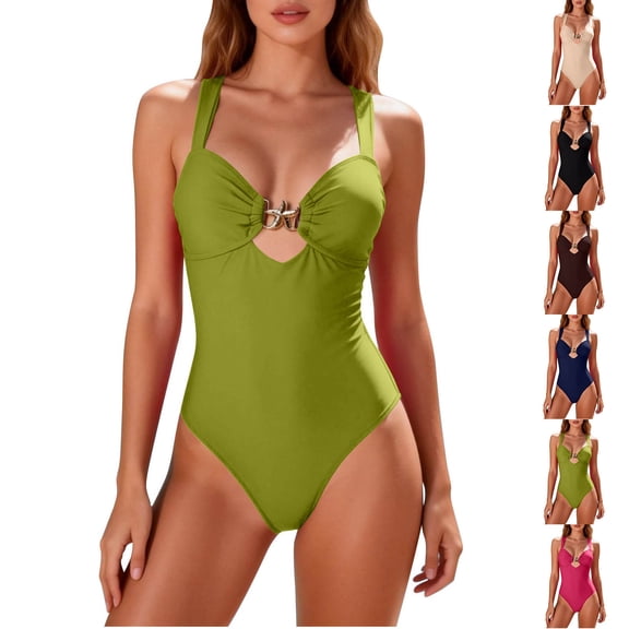 PNTUTB 2026 Women's Swimwear Solid-Color One-Piece Swimsuit with Star Accents Interconnected Cutout Straps Slimming and Body-Hugging Design