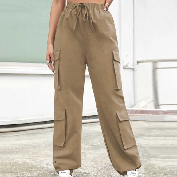 Danhjin Khaki Cargo Pants for Women Solid color Baggy Stretchy Wide Leg High Waisted Casual Pants Streetwear Travel Hiking Pants With Pockets