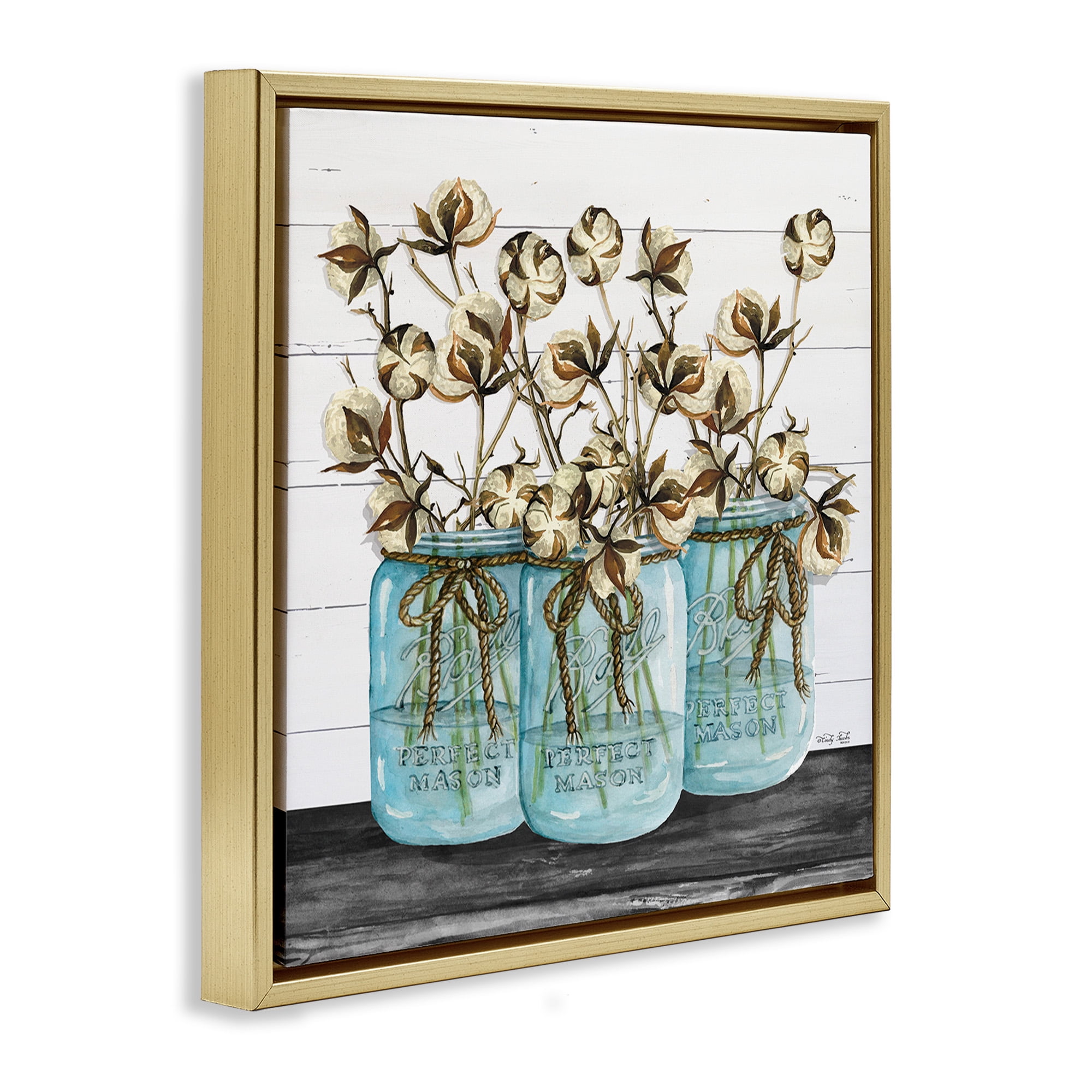 Stupell Industries Cotton in Rustic Jars Botanical & Floral Painting Gold Floater Framed Canvas Art Print Wall Art, 18 x 18