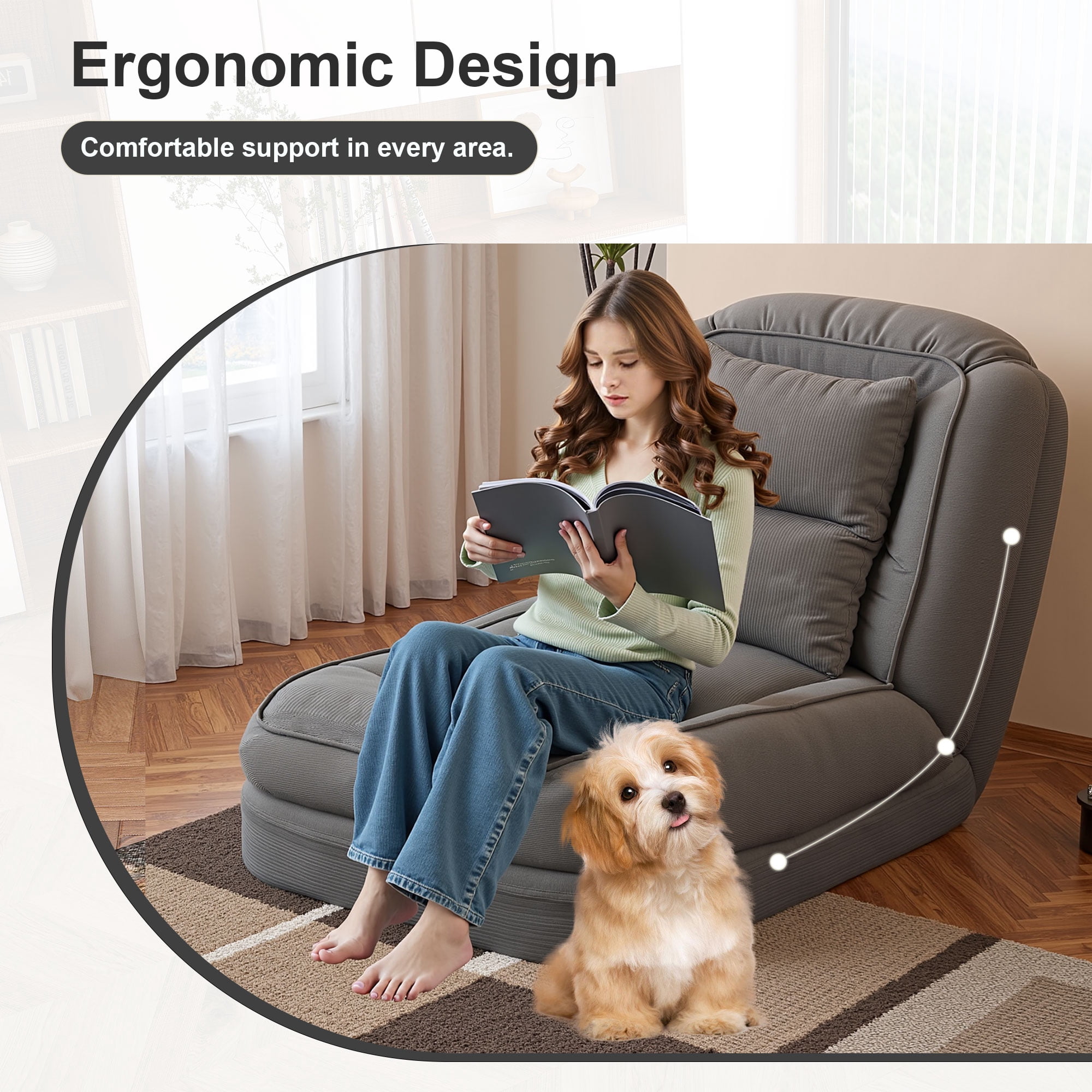 Miniyam Adjustable Folding Floor Chair Convertible Sofa Bed in Corduroy for Living Room Bedroom, Gray