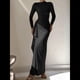 thumbnail image 5 of Vestido Midi Asimétrico con Abertura Irregular, Cuello Redondo, Larga y Cintura Fruncida para Mujer, Color Liso Negro M, 5 of 7