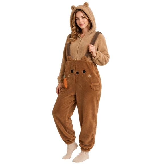 Wenini Women's Cute Bear Fleece Onesie Pajamas Winter Thickened Hooded Home Wear Jumpsuit Casual Loungwear