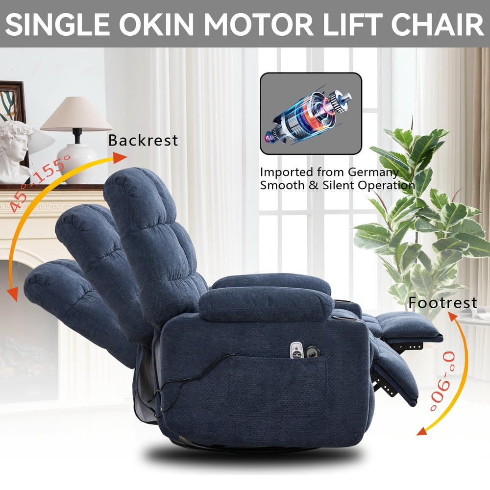 GVN Manual Rocker Recliner with Heat Massage, Swivel Motion, Durable Fabric for Lounge, Blue
