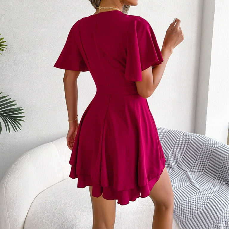 Womens V Neck Ruffle Short Sleeve Tie Waist Casual A Line Swing Mini Wrap Dress Casual Maxi Dresses Short Sun Dress Summer Dresses for Teen Girls Women Junior Dresses Summer Sun Dresses