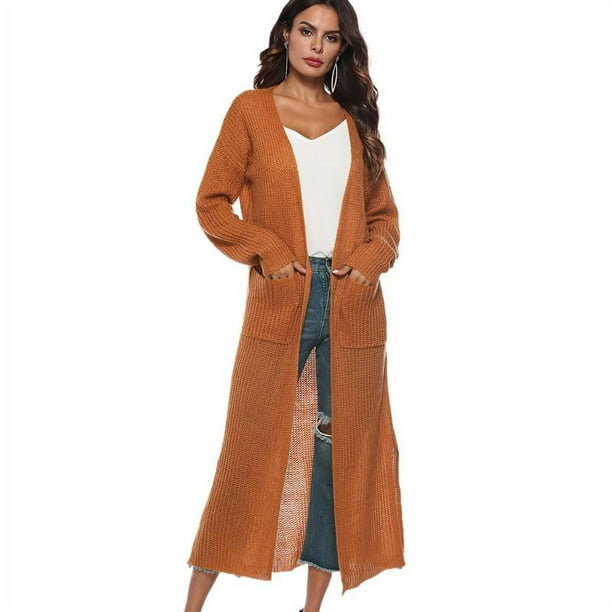 Women's Casual Long Open Front Drape Thick Knit Sweater, Mid Calf Length  Long Sleeve Cardigan Outwear with Pockets, Solid Color Loose Knit Lightweight  Sweaters, Side Slits Up to The Knee - Walmart.com