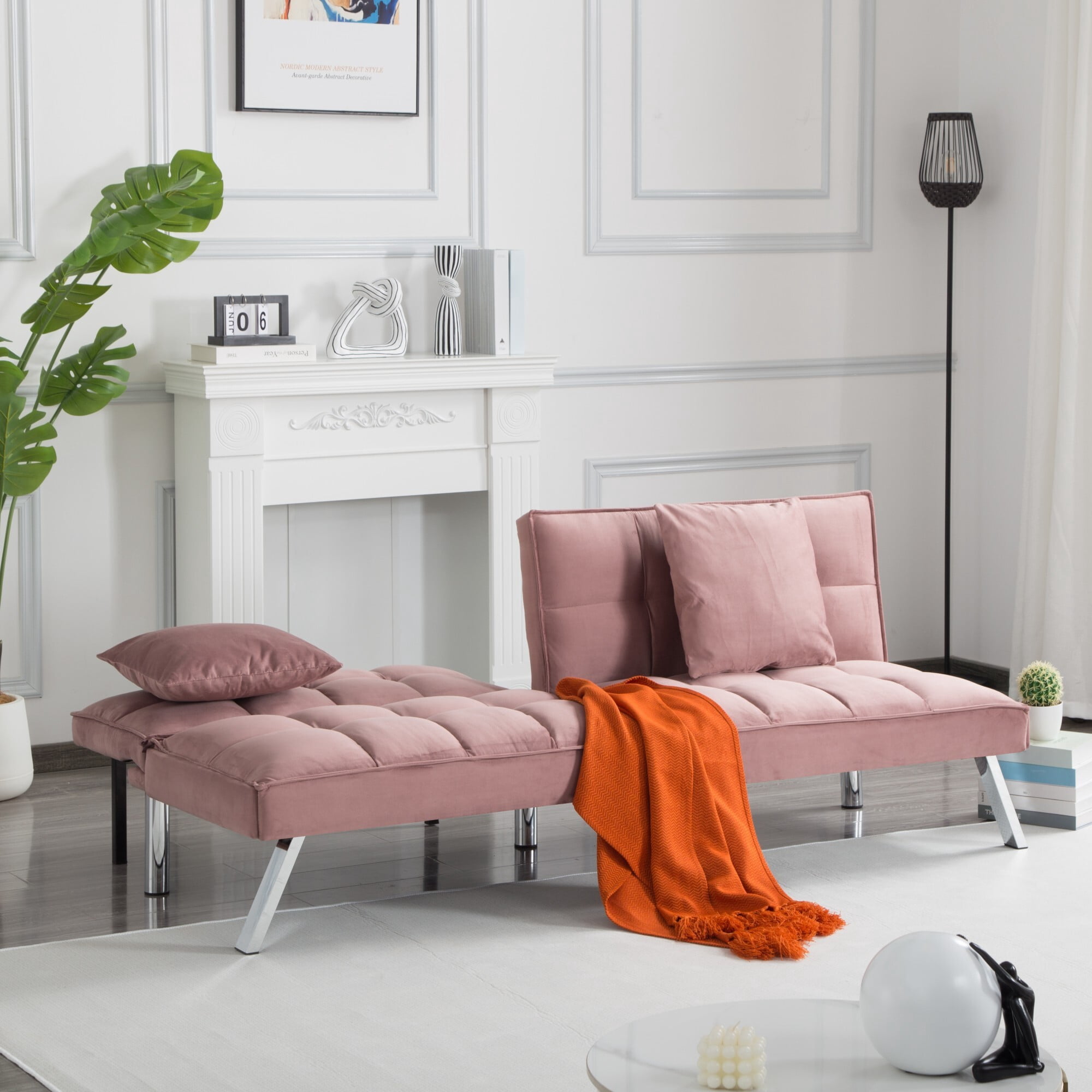 DEALTOPS 67" Convertible Futon Sofa Bed, 5-Angle Split-Back Sleeper with 2 Pillows for Small Spaces, Rose Pink