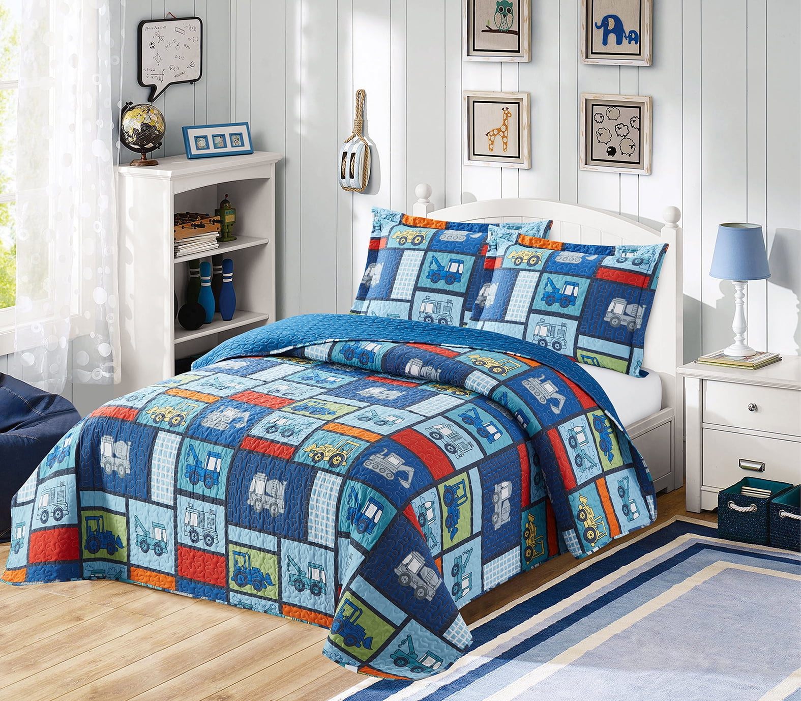 ,Trams,Buses,Trucks Van Printed Lightweight Quilt Set,Reversible Bedding Set for Boys Girls Children Twin,Green 3-Piece Kids Cartoon Multicolor Car Quilted Bedspread Coverlet Twin 86x68 Inches