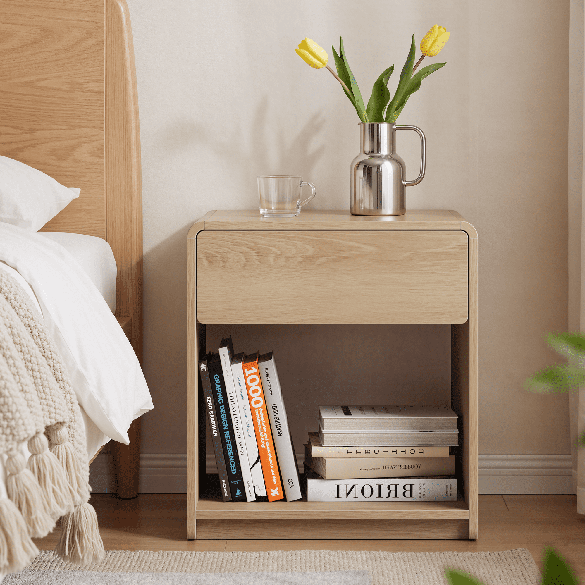 2 Pieces Bedside Table Set, With Storage Drawers And Open Shelves, Bedroom Side Table With Rounded Corners, Compact Bedside Table Set, Oak Color