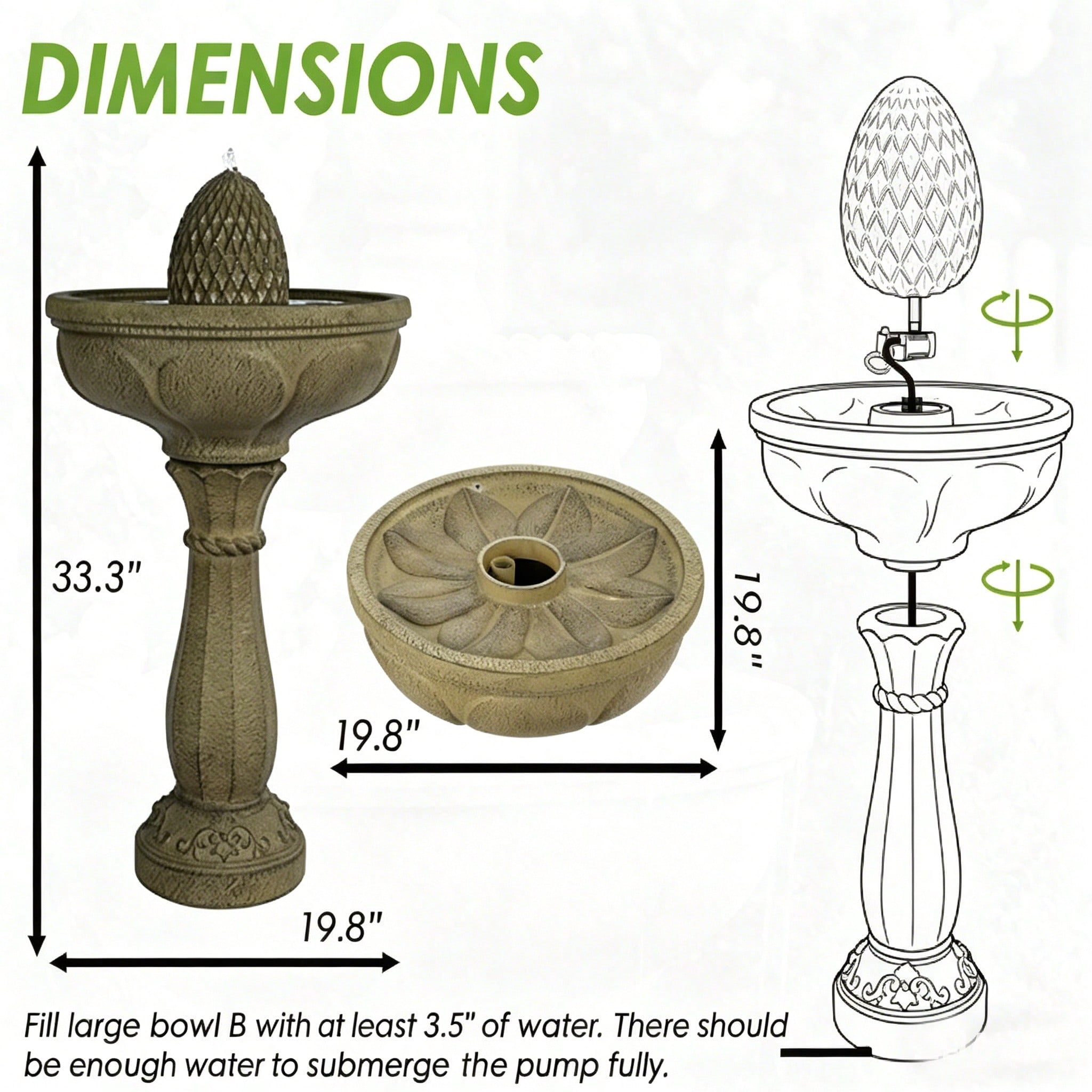 33.3 Inch Classic Pineapple Top Pedestal Water Fountain, 2 Tier Resin Waterfall Feature, Auto Shutoff Protection, Stable Anti-Splash Water Flow for Yard Lawn Patio Garden Decor