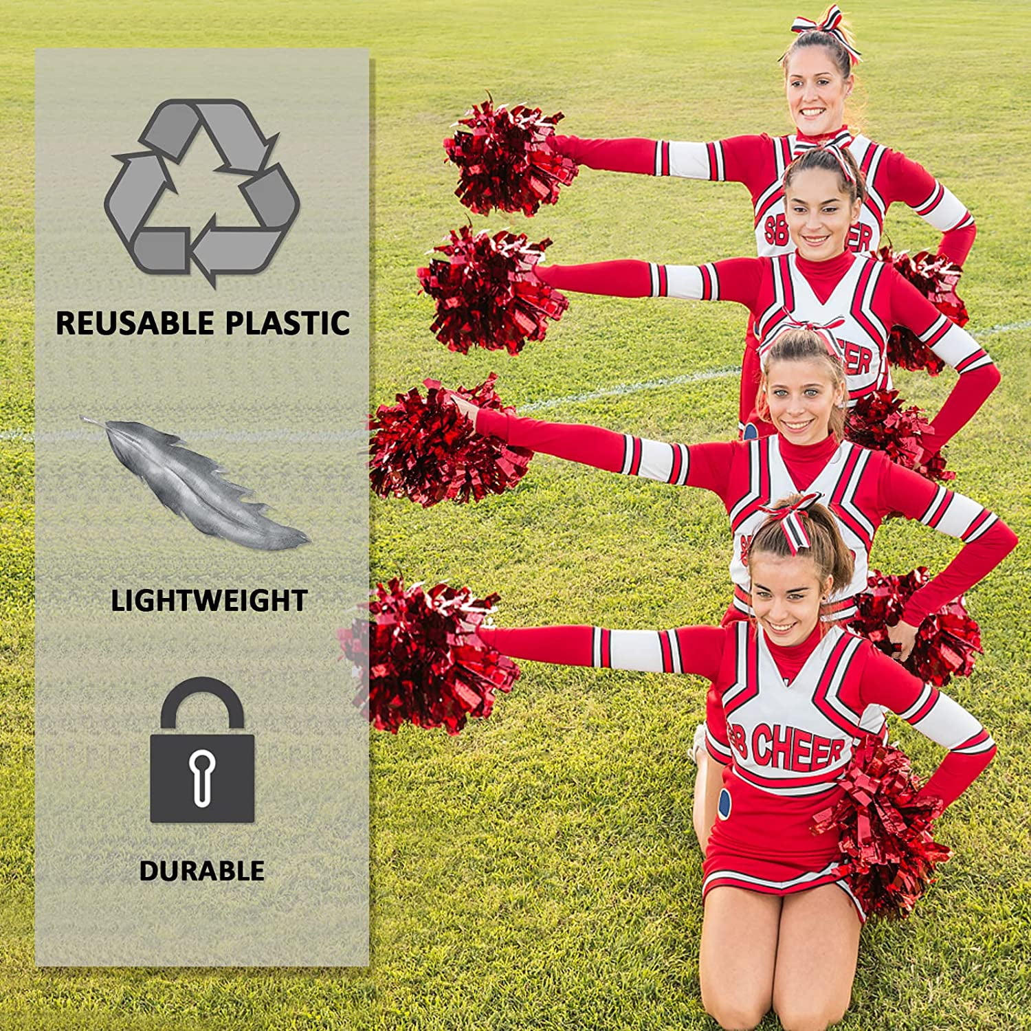LINLIN 12Pcs Cheerleading Pom Poms for Kids, Metallic Foil & Plastic Ring Cheer Pom Poms Girls School Game, Dance, Matches, Team Spirit Sports, Stage Performance, Carnival Celebration