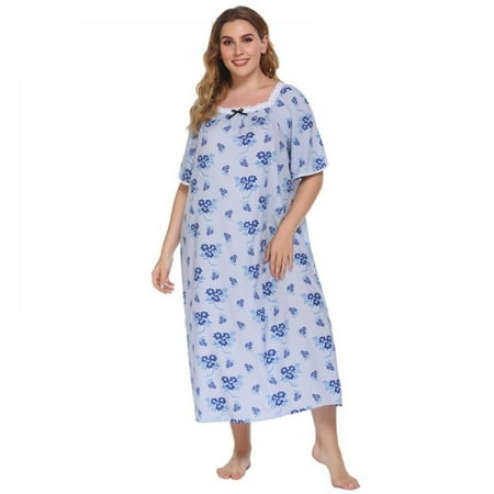 

Spring Ladies Short Sleeve Printed Floral Nightdress Casual Long Dress