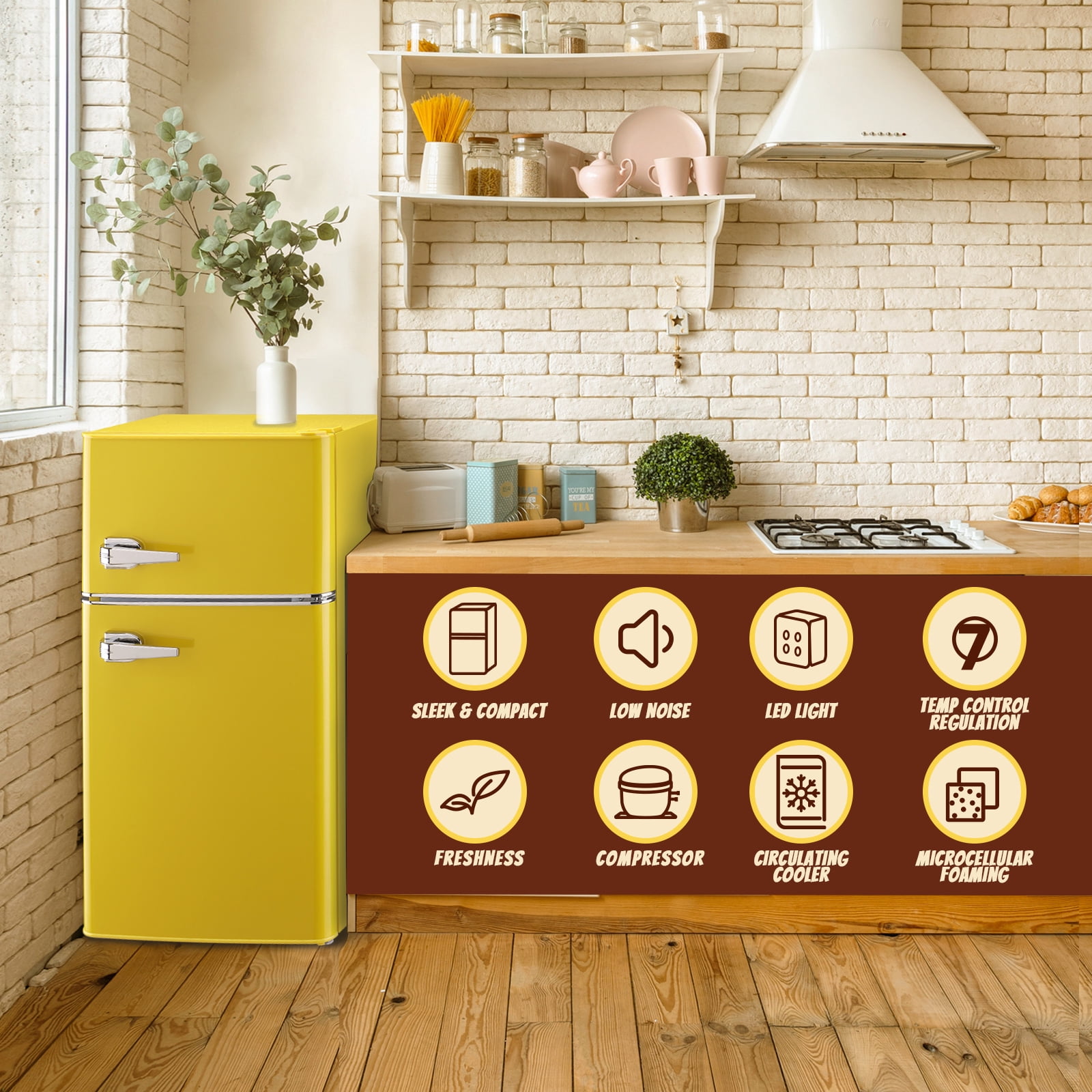 TACOOL Retro Yellow Mini Fridge with Handle Dual Door 3.5Cu.ft Samll Refrigerator with Freezer For Home