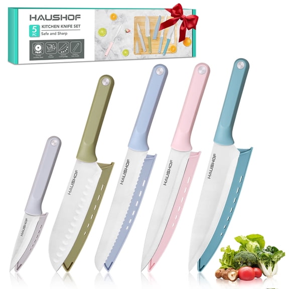 HAUSHOF Colorful Kitchen Knife Set 5 PCS, Non-Stick Coated Stainless Steel Blades with Sheaths, Ergonomic Grip, Gift for Mom Dad Wife, Camping BBQ Everyday Cooking, Chopping