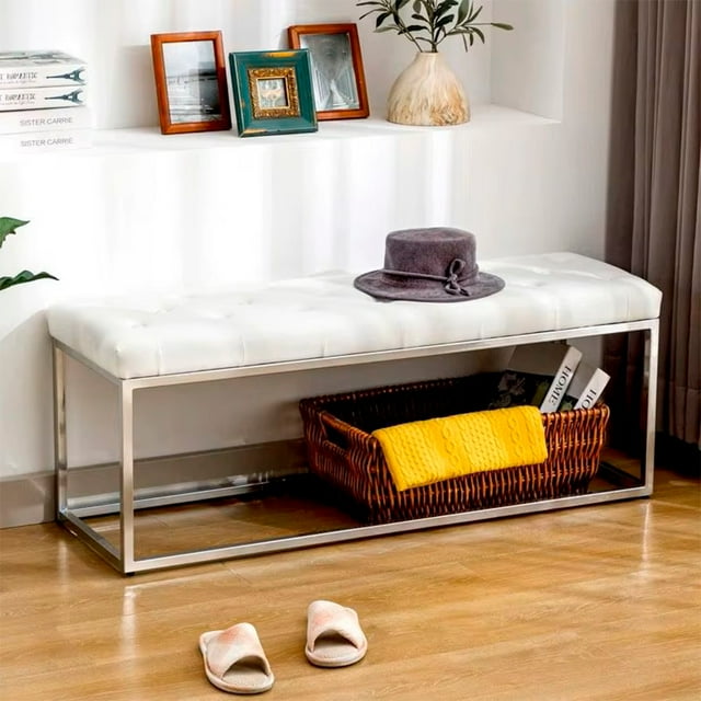Heavenly Collection White Faux Leather Upholstered Bench with Chrome Metal Base – Modern Accent Bench for Entryway, Bedroom, or Living Room