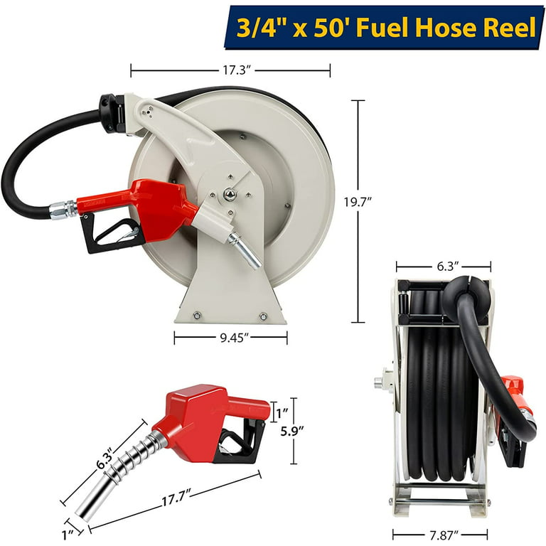 Rocita Fuel Hose Reel Retractable with Fueling Nozzle 3/4 inch x 50' Spring Driven Diesel Hose Reel 300 PSI Industrial Auto Swivel Heavy Duty Steel