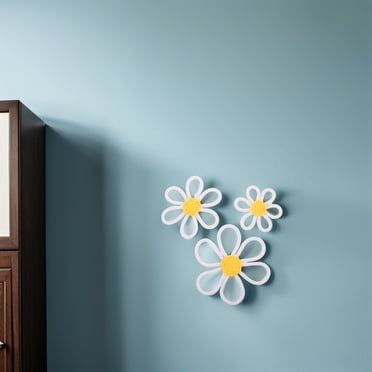 OULII White Daisy Flower Wall Hanging 3D Cotton Yarn Boho Room Decor 3Pcs
