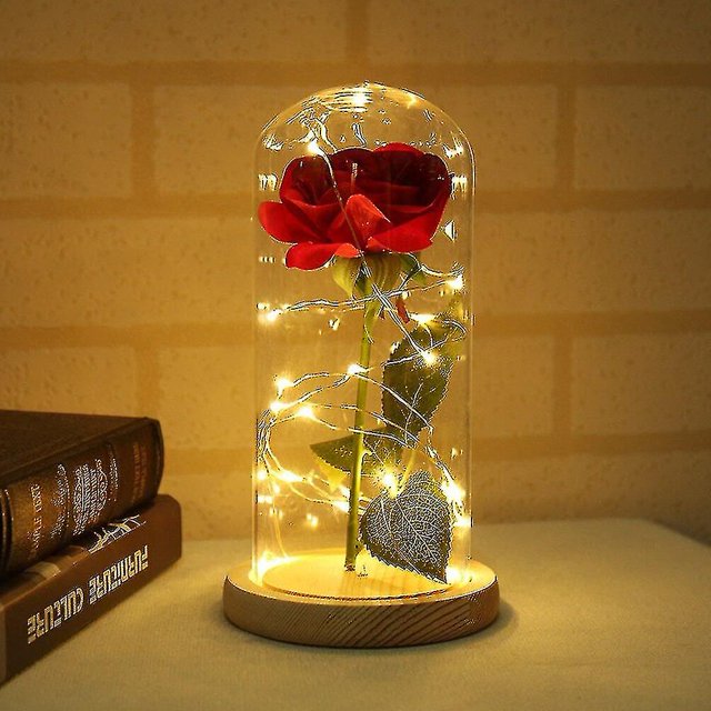 Florero de rosas, lámpara de mesa de belleza, rosa roja con luz Led, cúpula de cristal, regalo del Día de San Valentín