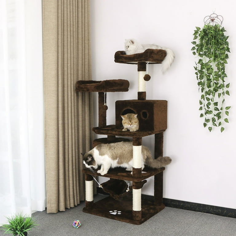 BEWISHOME Cat Tree with Sisal Scratching Posts 2 Condos Plush Perches Jingly Balls and Hammock Cat Condo Tower Furniture Kitty Kitten Activity Center Pet Play House Brown MMJ01Z Walmart