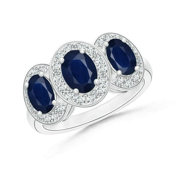 ANGARA Natural Three Stone Blue Sapphire Ring with Diamond Halo in 14K White Gold for Women (Size-7x5mm) | September Birthstone, Anniversary, Jewelry Gift for Women | Natural Blue Sapphire Ring