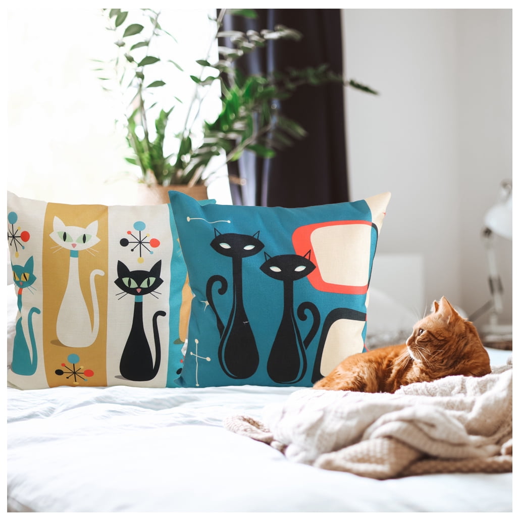 NYDECOR Cat Pillow Covers Pet Throw Pillow Cases Animal Kitty Pillowcase Square Cotton Linen Cushion Cover for Couch Sofa Bed Patio 18x18 Set of 4 Cat Decor