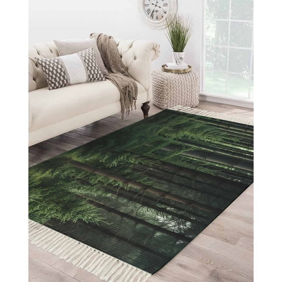 Green Forest Large Area Rug 4x6ft Woven Runner Rug,Mysterious Primitive Forest Pine Tree Washable Living Room Bedroom Kitchen Bathroom Classroom Carpet with Tassels,Indoor Outdoor Throw Door Mat