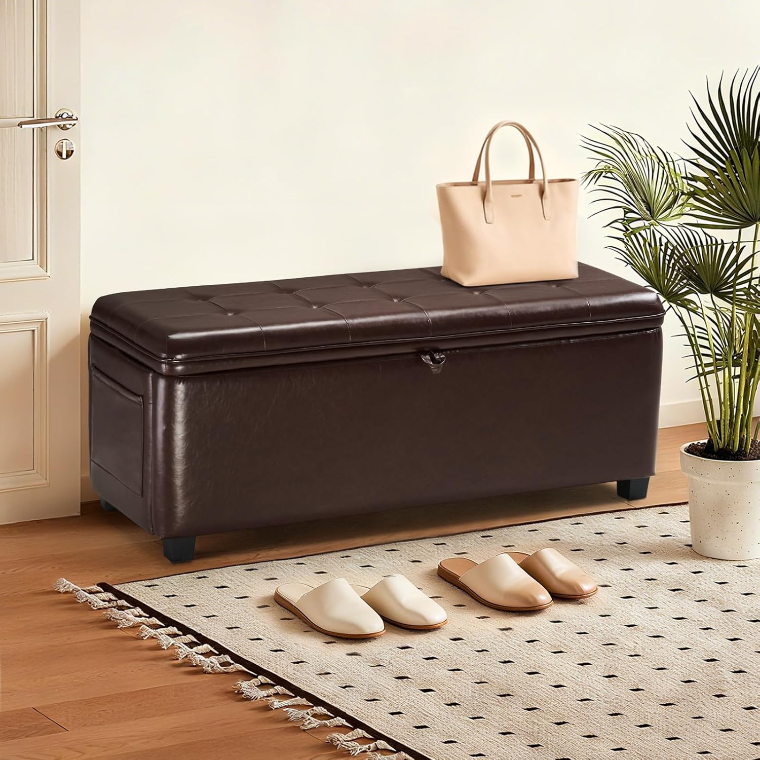 45 Inch Storage Ottoman Bench, Bench for Bedroom End of Bed, Ottoman with Storage for Living Room and Entryway (PU-Brown)