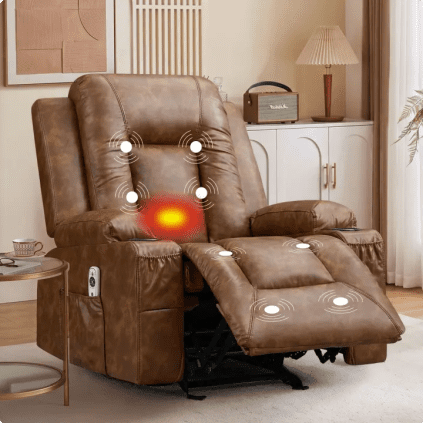 JMYMRY Manual Recliner Chair with Massage and Heat, Faux Leather Single Reclining Sofa, 2 Cup Holders and Side Pocket for Living Room Home Theater, Brown