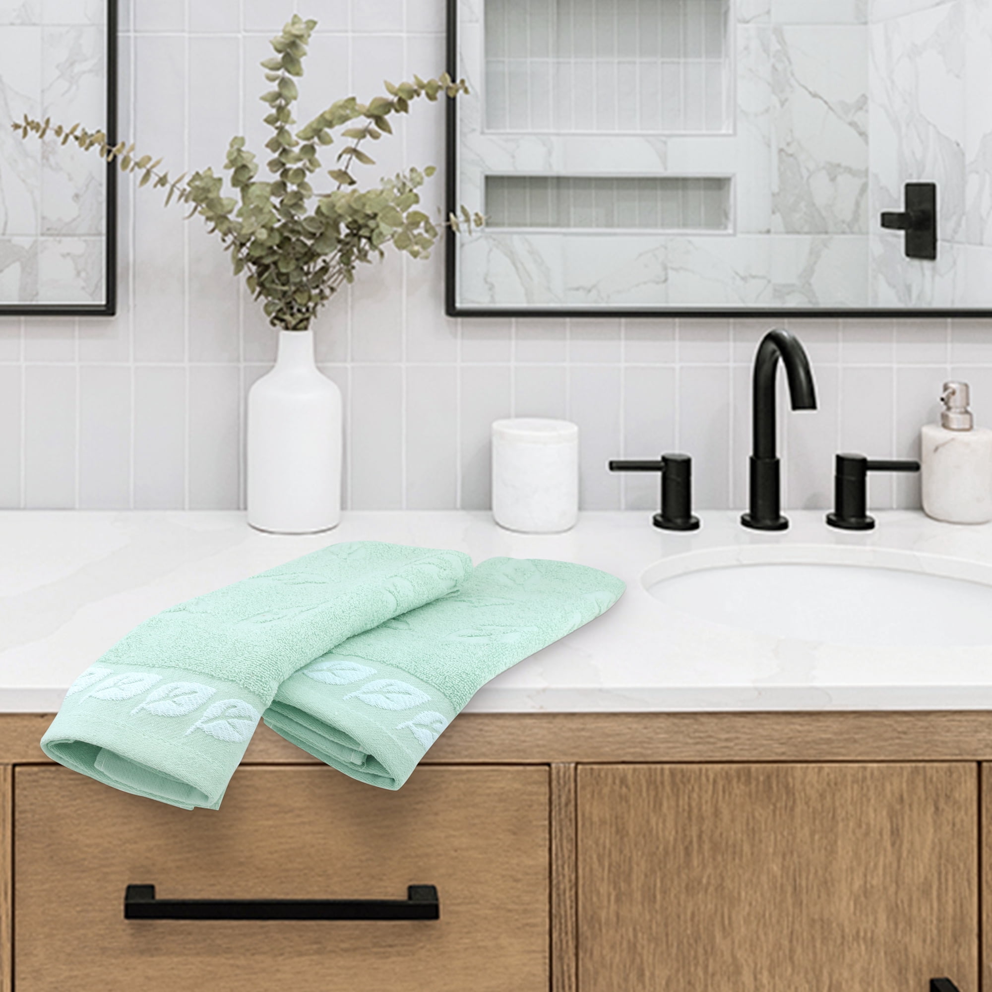 Unique Bargains Leaves Pattern Bathroom Hand Towels Soft Green 2-Piece