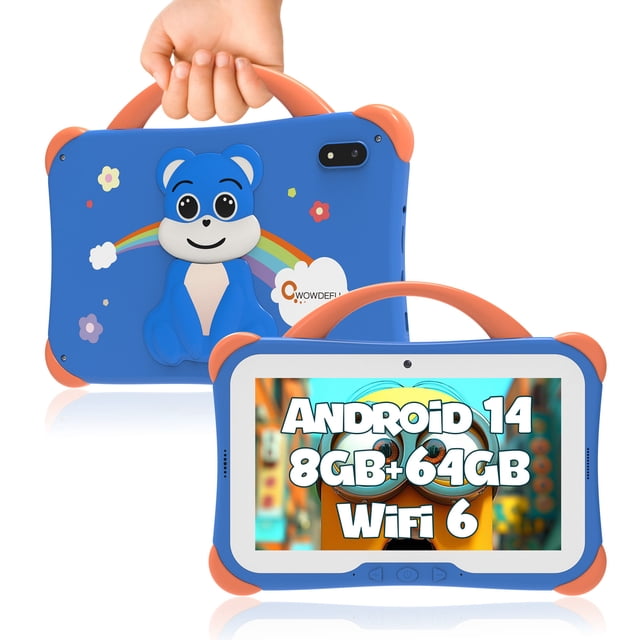 CWOWDEFU Kids Tablet with Case, 7 inch Android 14 Tablet for Kids, 8GB RAM 64GB ROM 256GB Expand 4000mAh, Educational Learning for Toddler, Parental Control, Dual WiFi, Gift for Ages 3-10, Blue