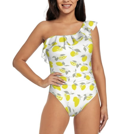 Uemuo Yellow Lemon Leaves Print Women s One Piece Swimsuit Asymmetrical Neck Bathing Suit One Shoulder Side Cutout Ruffle Swimwear-X-Large
