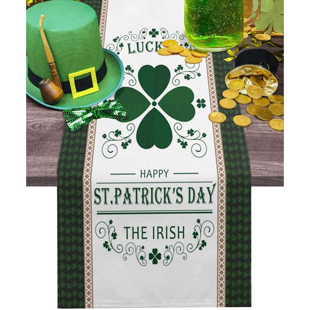 Chemin de Table en Coton et Lin pour la Saint-Patrick Motif Trèfle Vert Antidérapant Résistant à la Chaleur pour Dîner en Famille Cuisine, 13x70 Pouces