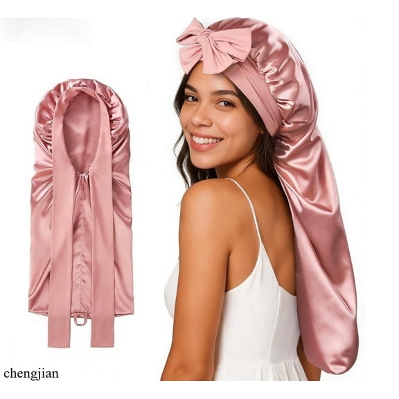 Silk Bonnet for Sleeping Women, 22 Momme Mulberry Real Silk, Long Hair Bonnet for Braids & Curls to Reduce Frizz, Double Layer Hair Wrap with Soft Adjustable Tie Band, Pink