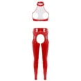 thumbnail image 2 of Doomiva Women's Solid Color PVC Leather Leggings Set Backless Halter Cami Top Crotchless Underwear Red 3XL, 2 of 5