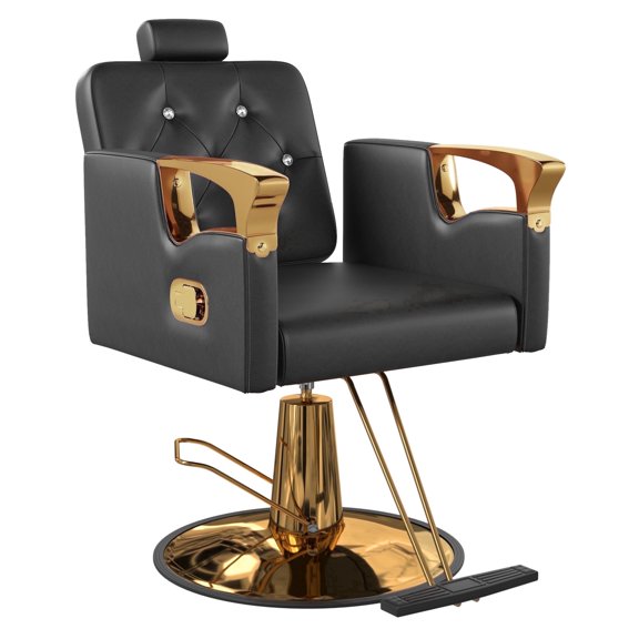 KIGOTY Barber Chair, Reclining Salon Chair for Barbershop, All Purpose Styling Chair with Adjustable Pump, Spa Equipment, 440LBS, 360° Swivel, Black Gold