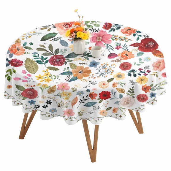 Colorful Flowers Round Round Tablecloth 54 inches Spring Vintage Farm Watercolor Floral Leaves Waterproof Oil-Proof Table Cloth Round Table Cover for Holiday Party Picnic Dinner Decor Indoor Outdoor