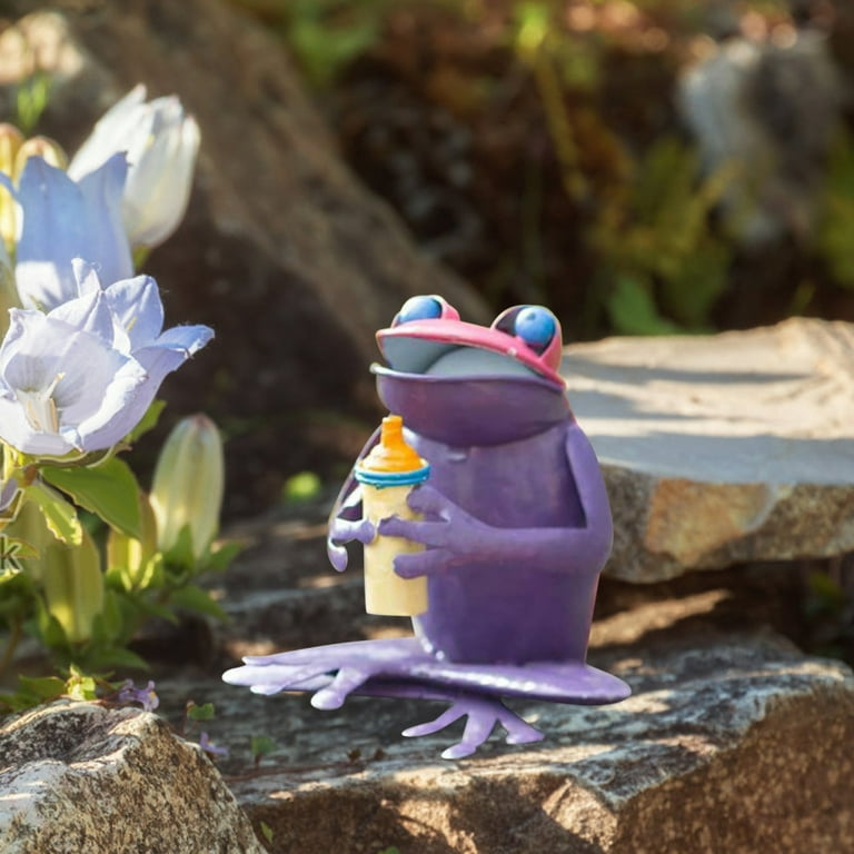 Drinking Frog Garden Art Sculpture with A Cute Frog Iron Statuary Design  for Indoor Outdoor Flower Pot Landscape Terrarium 