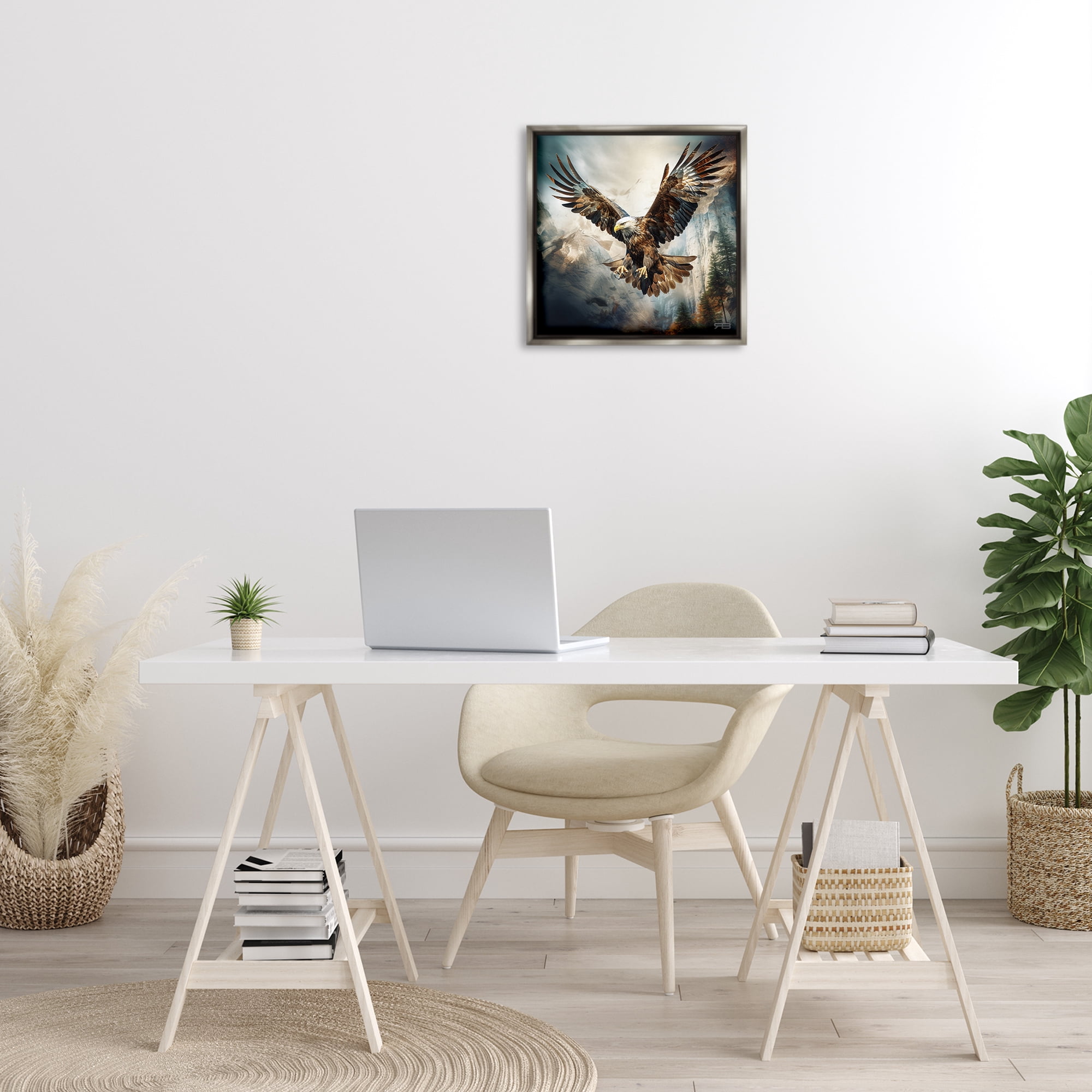 Stupell Industries Intense Eagle Spreading Wings Animals & Insects Painting Gray Floater Framed Canvas Art Print Wall Art, 18 x 18