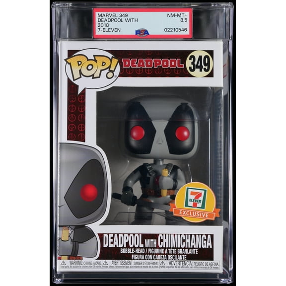 Marvel, PSA Graded 8.5 NM-MT , Deadpool with Chimichanga (7-Eleven) Collectible Vinyl Figure #349, Fully Encapsulated Bundle with Compatible Funko Pop! PSA Hard Protector Case