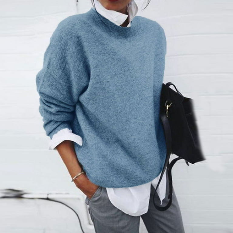 Gglogagt Women s Casual Collared 2 in 1 Pullover Tops Shirt Long Sleeve Sweater Blouse Solid Loose Fit Warm Sweatshirt Blue 5XL