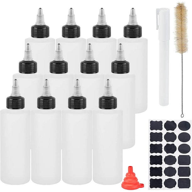 Paquete de 12 botellas dispensadoras de plástico de 148 ml (5 oz) con tapa de rosca negra, incluye botella para pegamento con tolva, cepillo de limpieza, etiqueta adhesiva y rotulador.