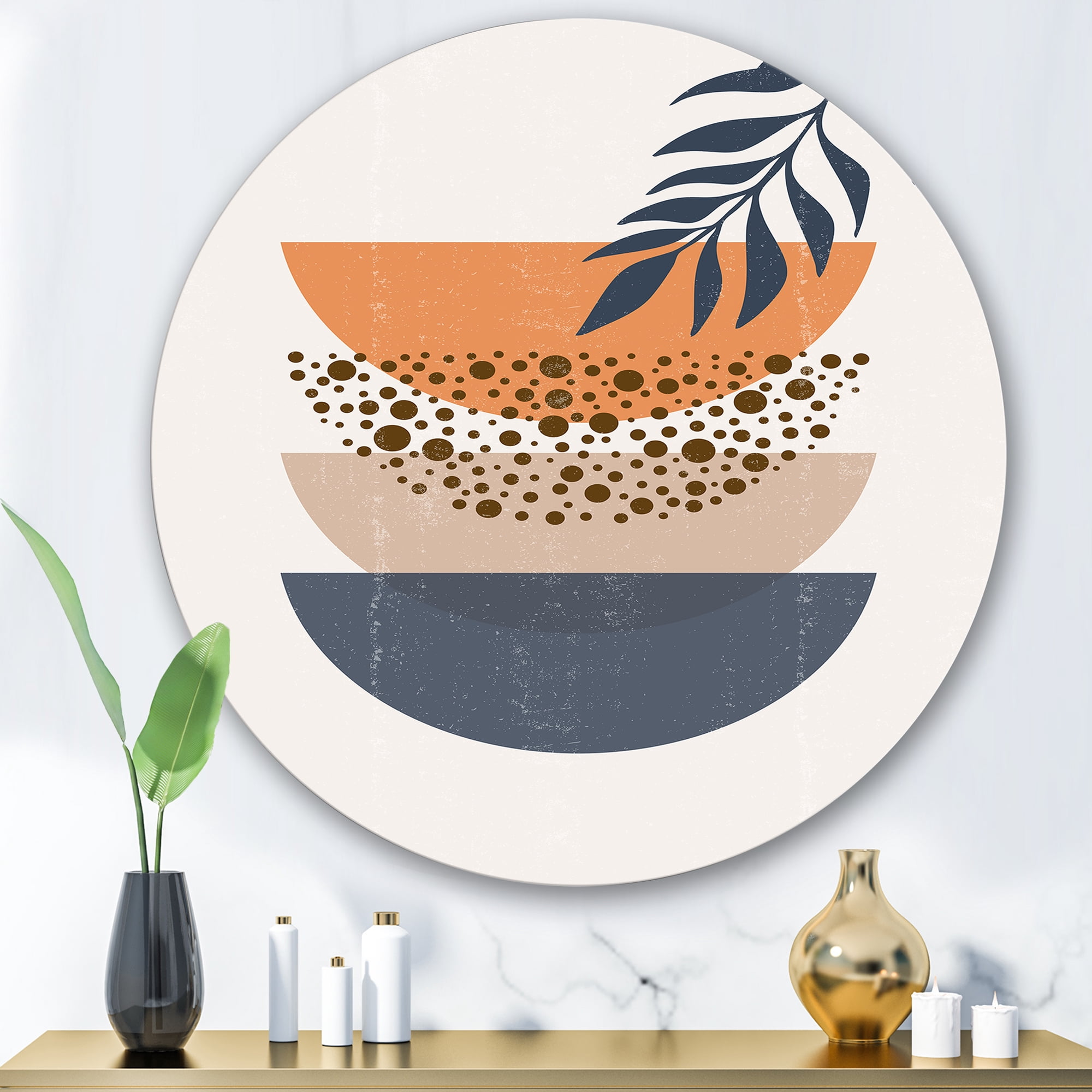 Designart 'Abstract Geometrical Moon and Sun With Leaf IV' Modern Circle Metal Wall Art 29x29 - Disc of 29