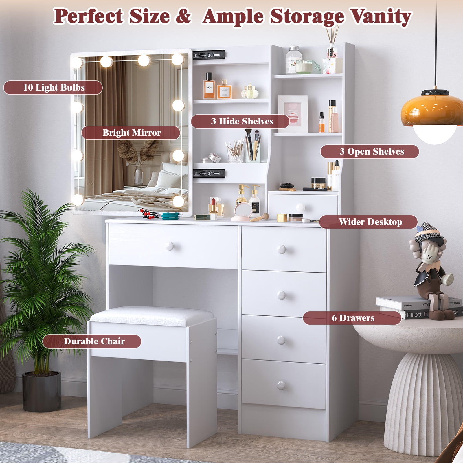 Caulitar Makeup Vanity Set with Sliding Mirror, Makeup Table With 3-Color LED Lights Vanity Desk with Stool & 6 Drawers & Shelves, White
