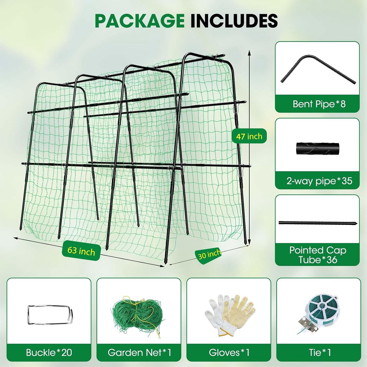 Cucumber Trellis for Raised Bed and Garden, 47" H x 63" W U-Shaped Metal Garden Trellis for Climbing Plants with Nylon Netting, Vegetable Support Frame
