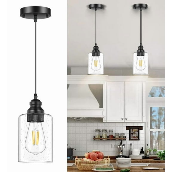 3 Pack Adjustable Hanging Kitchen Island Pendant Light with Glass Shade, Black