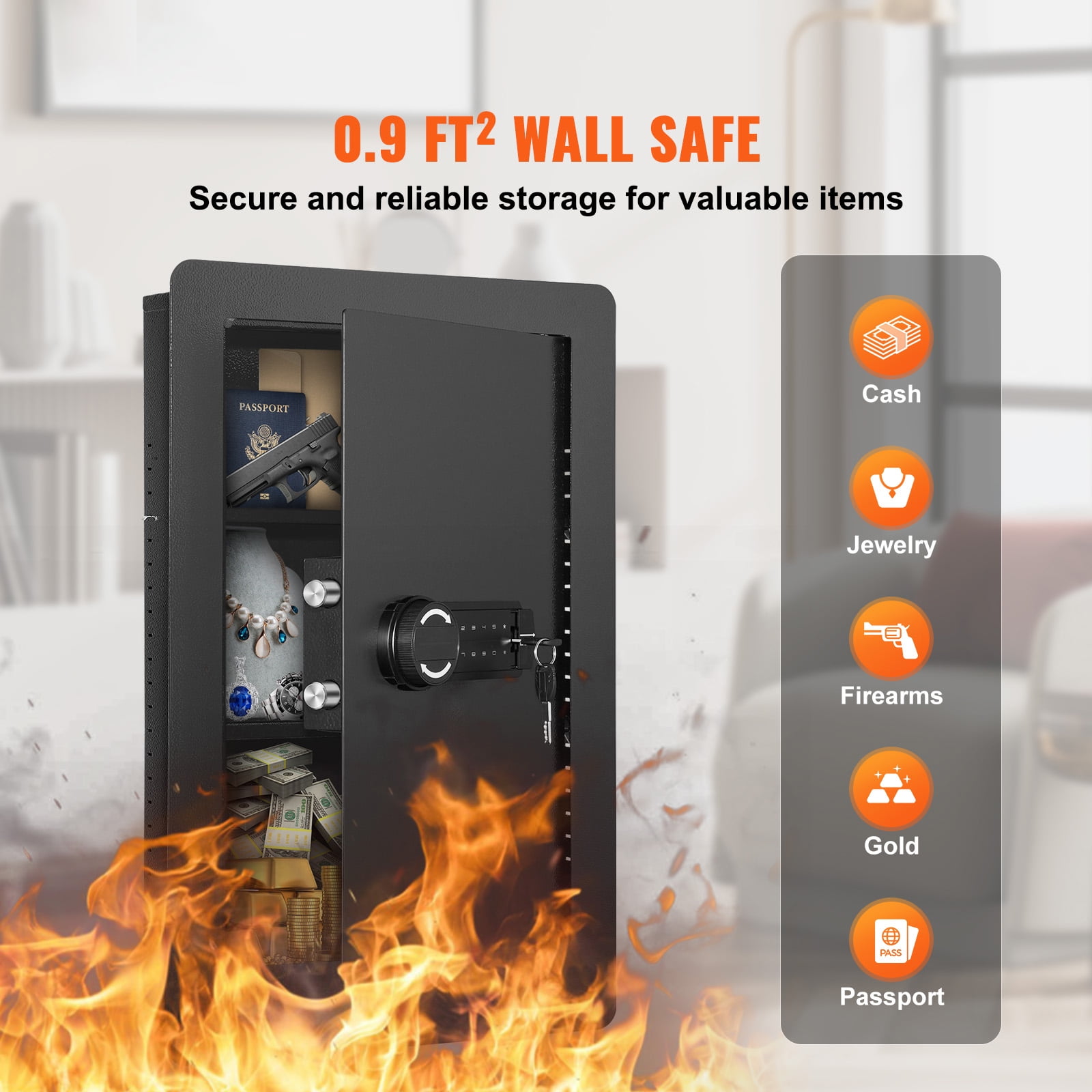 KFFKFF 25.59" High Concealed Wall Safe, Keypad Access 3-Level Security Safe, Includes 3 Adjustable Shelves & 6 Hooks, Made of Durable Q235 Steel, Features LED Lighting & Alert System for Valuables