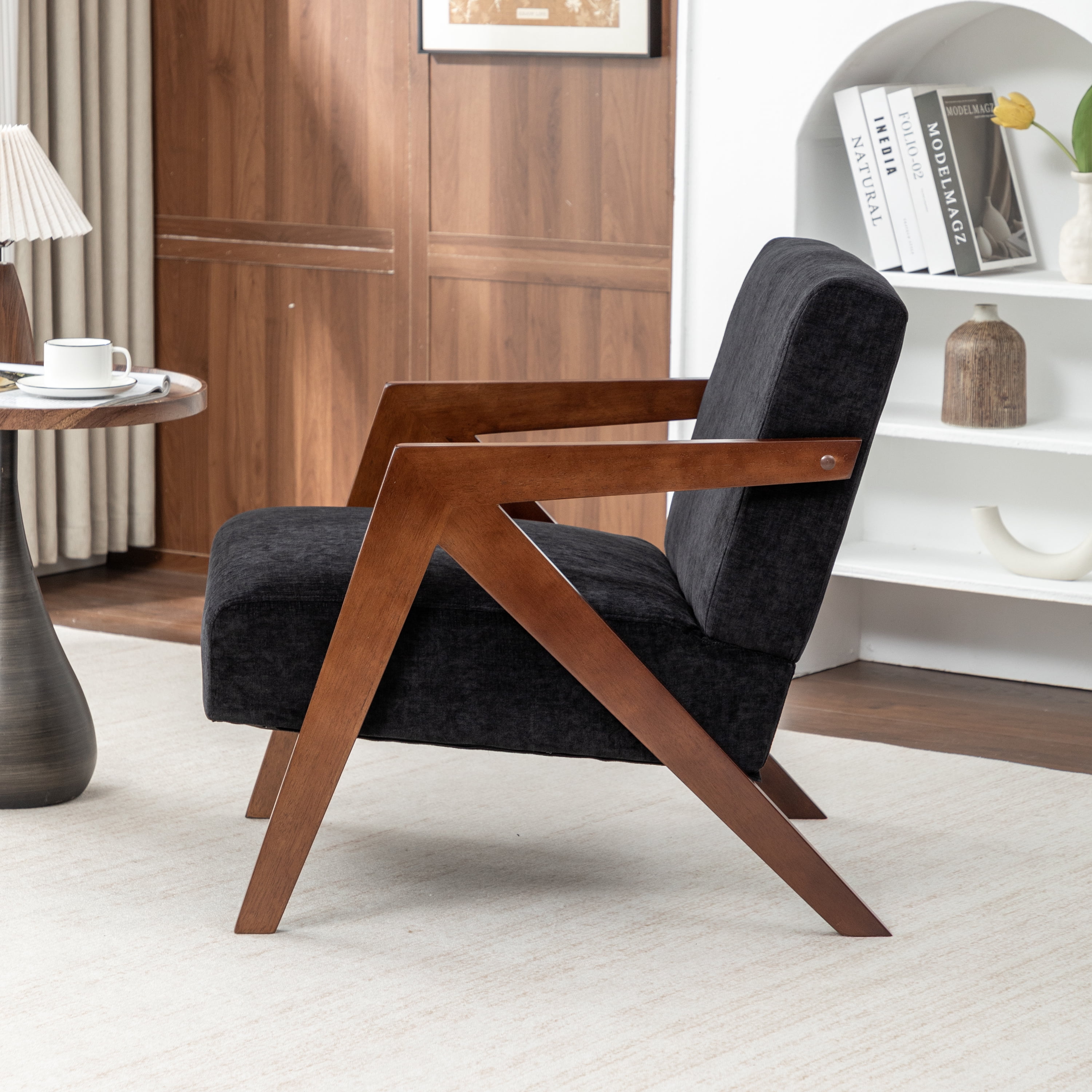 Leumius Mid Century Modern Accent Chair,Upholstered Reading Armchair with Solid Wood Frame,Accent Chair for Living Room Bedroom Apartment, Easy Assembly,Black
